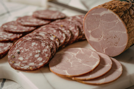 A food photography close-up of artisanal deli meats
