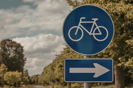 A photo of a blue circular sign with a white bicycle icon