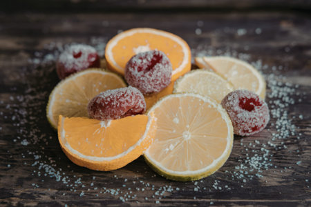 a pile of sugared and candied fruit slices