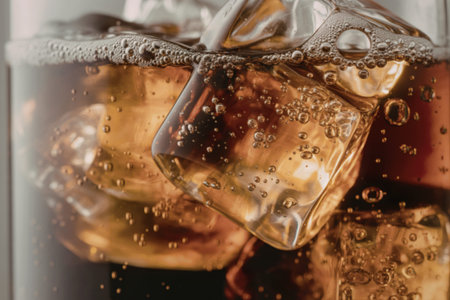 A photograph of an ice-cold cola in a clear glass