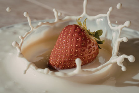 a vibrant strawberry, freshly dipped into milk