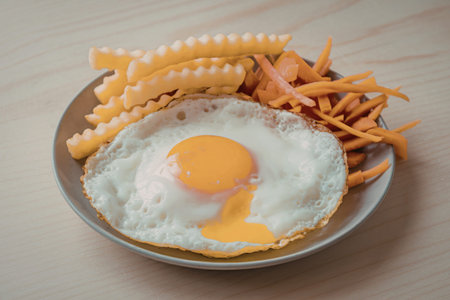 A photo of a fried egg on a light wooden background