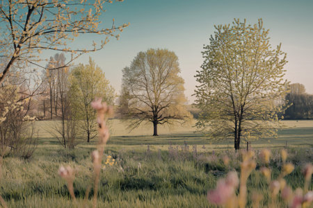 A photo of a scenic spring landscape with green fields and trees