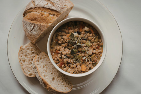 a white plate with a bowl of lentil soup