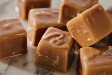 A close-up photograph of golden-brown caramel candies