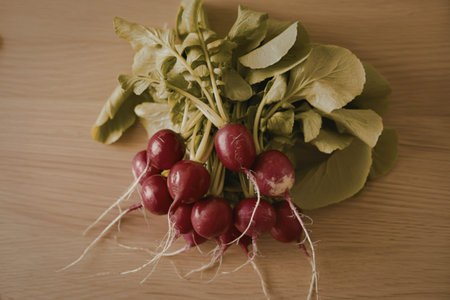 fresh radishes with vibrant crimson bulbs
