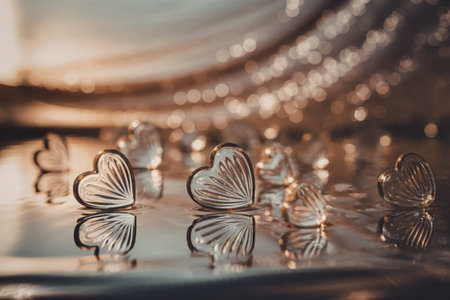 romantic photograph of multiple translucent gold hearts