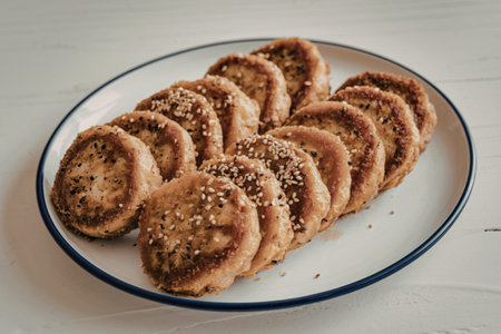 a plate of seasoned fried meat cutlets on a white backgroundの写真素材