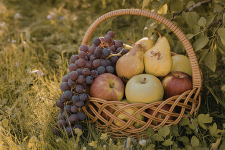 A photograph of a basket overflowing with fresh fruit