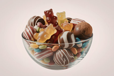 a white ceramic bowl filled with an assortment of vibrant candies and sweets