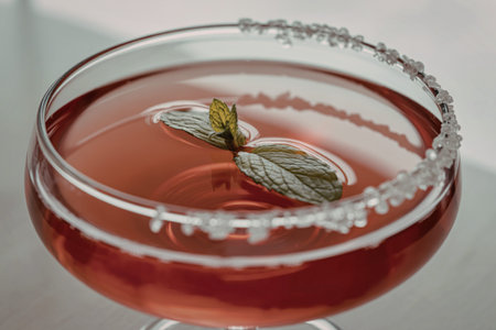 an elegant glass bowl filled with a pomegranate cocktail