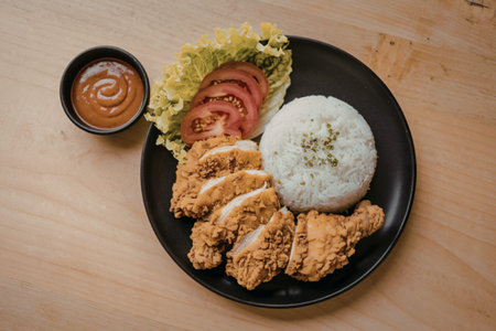fried chicken, white rice, sliced tomatoes, and lettuce