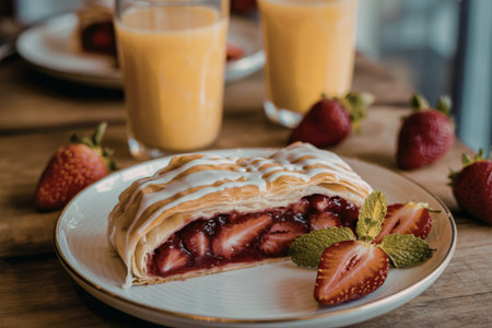 A close-up photograph of a golden-brown pastry strudel
