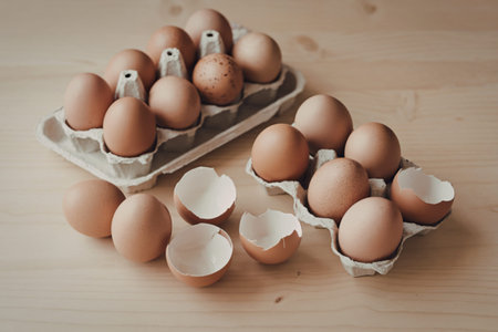 A photo of eggs on wooden trays
