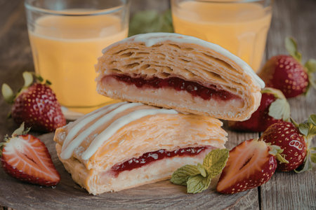 flaky strudel and a red jam fillingの写真素材