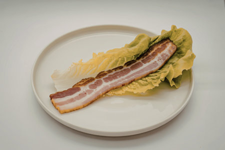 cooked bacon strip arranged on a white ceramic plate