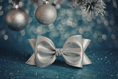 A photo of a silver bow placed on a blue bokeh backgroundの写真素材