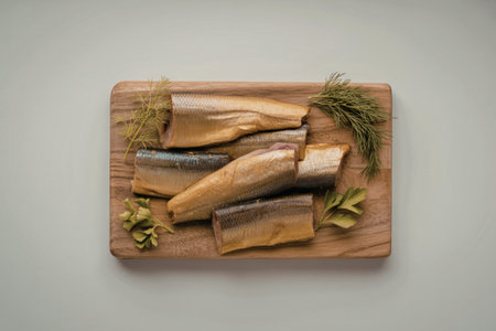 A top-down photograph of golden-brown smoked herring fillets