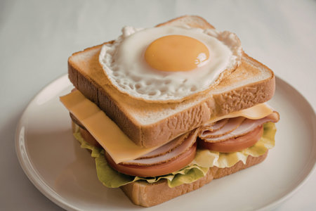 towering sandwich on a clean white ceramic plateの写真素材