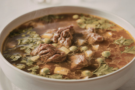 A food photograph of a steaming bowl of hearty meat soup