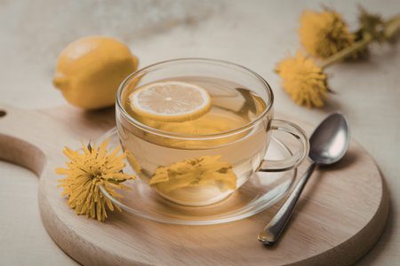A photo of a cup of dandelion teaの写真素材