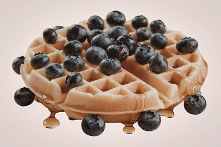 a homemade waffle with blueberries and syrupの写真素材