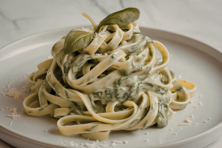 pasta ribbons coated in a spinach sauceの写真素材