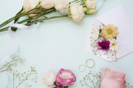 a beautiful arrangement of flowers, wedding rings on a light blue surface, with a white envelope and a small floral design in the top right corner