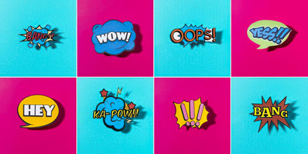 a colorful comic book style image with various speech bubbles and exclamations in different fonts and colors on a pink and blue background