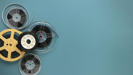 a collection of film reels in different colors and sizes, including yellow, white, and black, arranged on a plain blue surface, likely used for filmmaking or movie production
