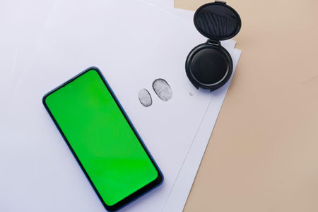 Flat lay of green smartphone, silver earbuds, and black case on plain surface
