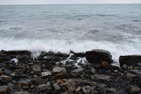 Big waves on the Black Sea. Stone beach. The photo was taken near the resort town of Anapa.の写真素材