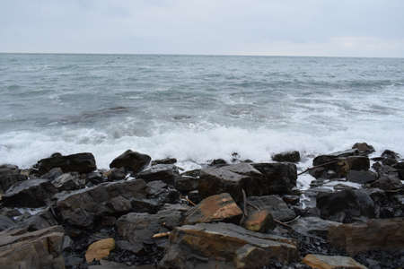 Big waves on the Black Sea. Stone beach. The photo was taken near the resort town of Anapa.の写真素材