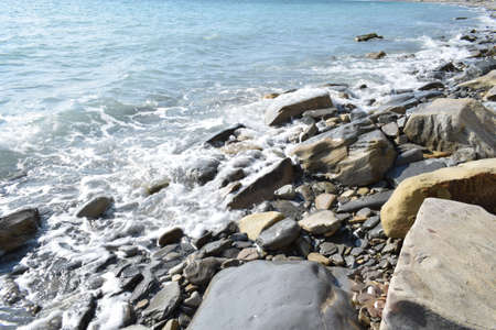 Black sea. Beautiful seascape. Pebble beach.の写真素材