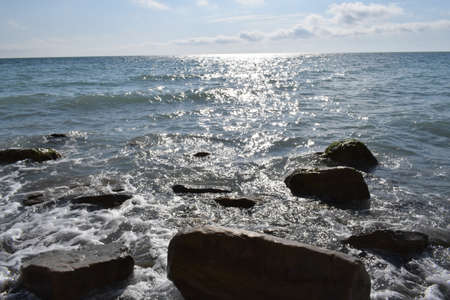 Black sea. Beautiful seascape. Pebble beach.の写真素材