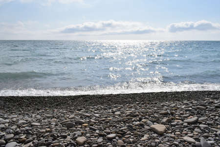 Black sea. Beautiful seascape. Pebble beach.の写真素材