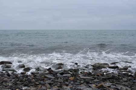 Stormy Black Sea. Pebble beach of Anapa.の写真素材