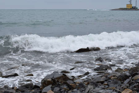 Stormy Black Sea. Pebble beach of Anapa.の写真素材