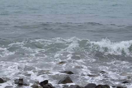 Stormy Black Sea. Pebble beach of Anapa.の写真素材