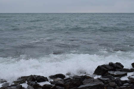 Beautiful seascape. Black Sea. Waves. Pebble beach.の写真素材