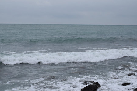 Beautiful seascape. Black Sea. Waves. Pebble beach.の写真素材