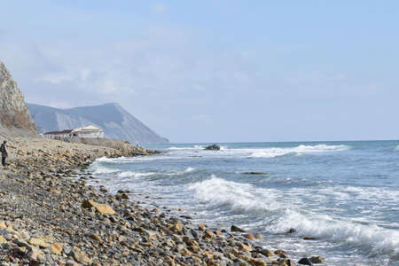 View of the Black Sea, beach and mountains. The resort town of Anapa. Russia. Photo taken in spring.の写真素材