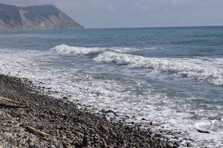 Types of the Black Sea. The outskirts of Anapa. Mountains and rocks, pebble beach.の写真素材