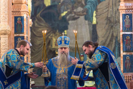 February 17, 2019, Saint Petersburg, Russia. Metropolitan Varsonofy led the divine Liturgy in the Cathedral of the Savior on Bloodのeditorial素材