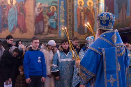 February 17, 2019, Saint Petersburg, Russia. Metropolitan Varsonofy led the divine Liturgy in the Cathedral of the Savior on Bloodのeditorial素材