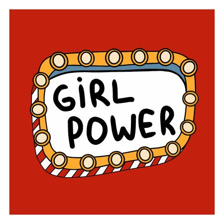 A feminist poster on red background. Bright color. Illustration in the Doodle style. Many elements. Sticker for girls. Strong woman. Vector illustration.のイラスト素材