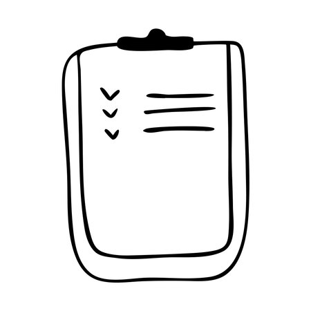 Doodle illustration of a clipboard isolated on a white background. Image of medical marks on the form.のイラスト素材