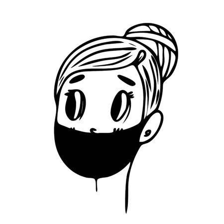The female face is protected by a medical mask. Linear illustration in Doodle style.のイラスト素材