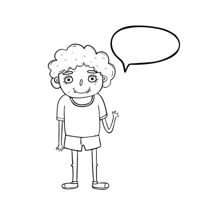 A cartoon boy with curly hair and a funny face waves his hand.のイラスト素材