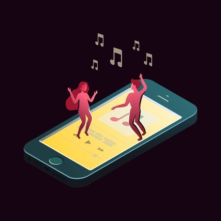 Mobile phone and characters in isometric view. Vector illustration go with the program for listening to music.のイラスト素材